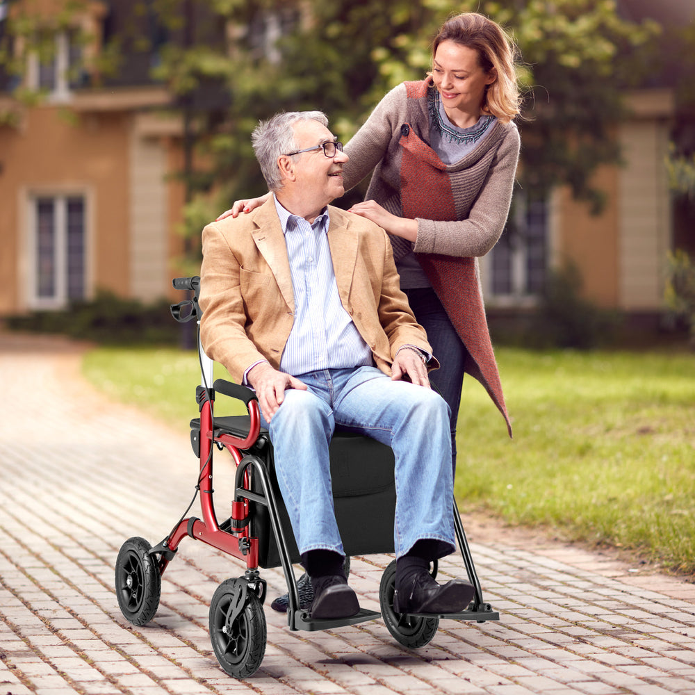 2-in-1 Foldable Rollator Walker with Seat abd 9 Inch Pneumatic Tires for Seniors-Red - Gallery View 1 of 10