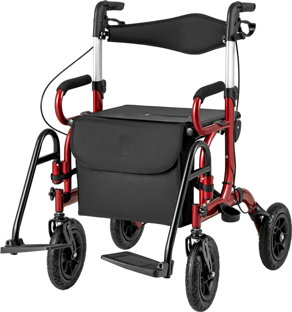 Foldable rollator walker in red with seat, pneumatic tires, and adjustable height for seniors, featuring storage pocket.