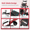 Foldable rollator walker with a wide seat, detachable footrests, and sturdy aluminum frame for seniors in red.
