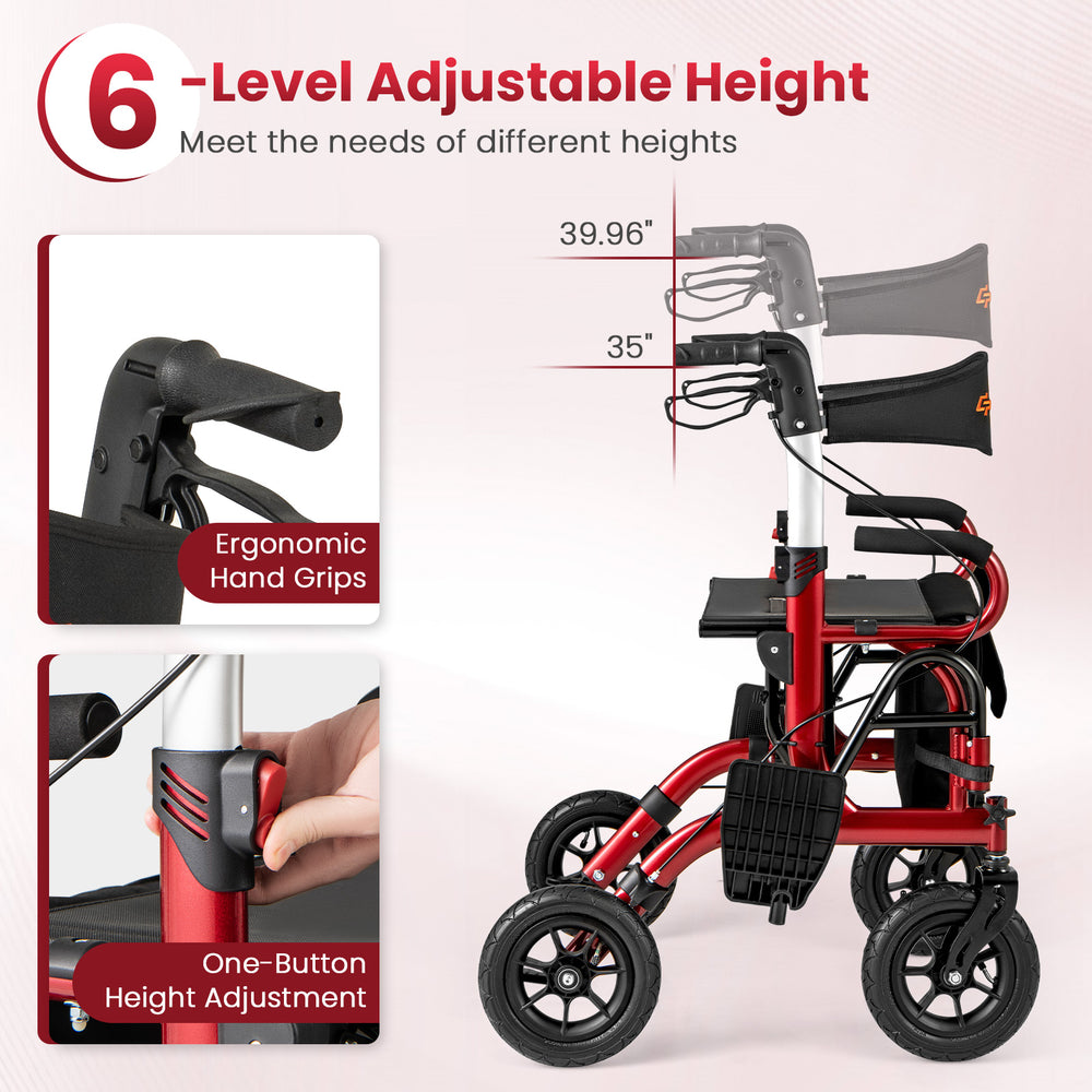 2-in-1 foldable rollator walker with adjustable height, ergonomic hand grips, and pneumatic tires for seniors in red.