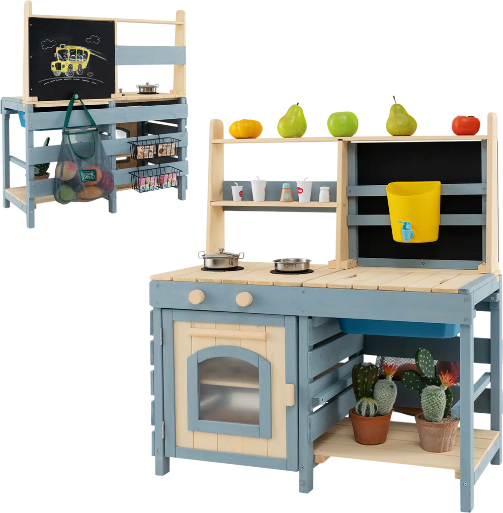 2-In-1 Outdoor Mud Kitchen with Faucet and Extra Chalkboard