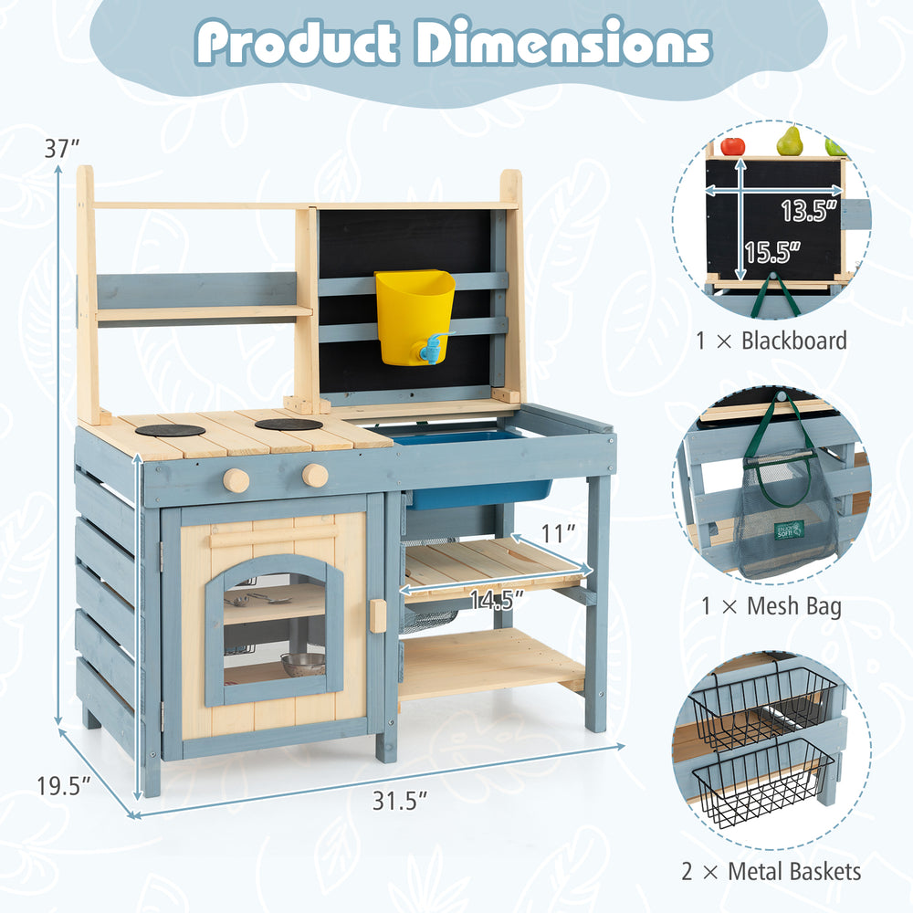 2-In-1 outdoor mud kitchen with faucet, chalkboard, and storage baskets for imaginative play and realistic experiences.