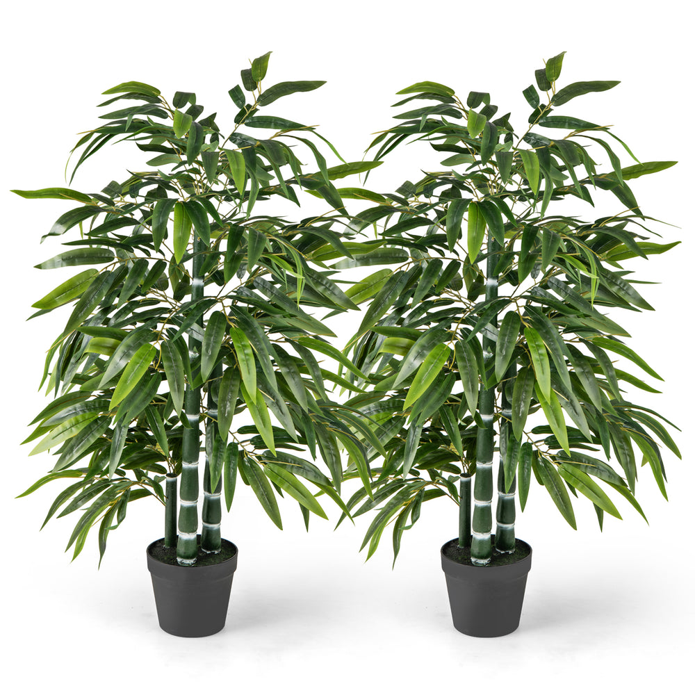 Two-pack of fake bamboo leaf trees with green leaves and PE bamboo trunks, ideal for home or office decor.