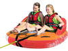 Two riders enjoying the orange 2 Person Water Sport Inflatable Towable Tube, ideal for boating and water fun.
