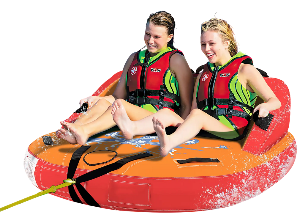 Two riders enjoying the orange 2 Person Water Sport Inflatable Towable Tube, ideal for boating and water fun.