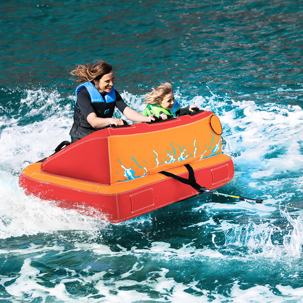 Two-person inflatable towable tube in orange, designed for safe boating fun on water with high backrest and padded.
