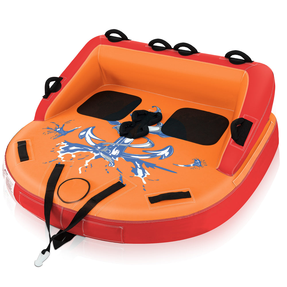 Two-person inflatable towable tube in orange, featuring high backrest and padded handles for safe boating fun.