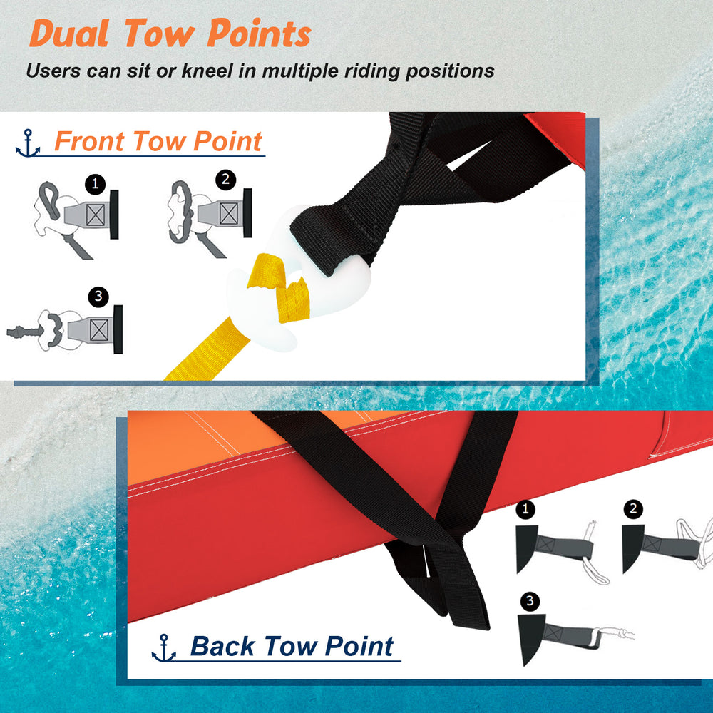 Close-up of dual tow points on the inflatable towable tube, featuring front and back attachment options for versatile.