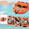 Inflatable towable tube for 2 riders in orange, featuring high backrest and padded handles for safe boating fun.