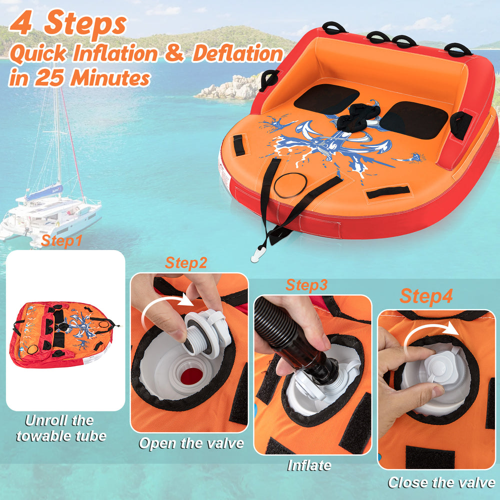 Inflatable towable tube for 2 riders in orange, featuring high backrest and padded handles for safe boating fun.