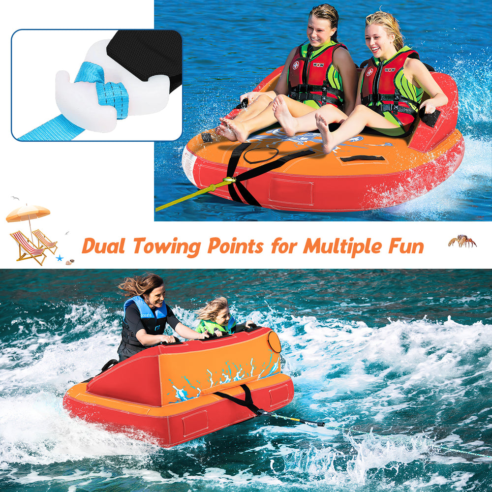 Inflatable towable tube for 2 riders in orange, featuring high backrest and dual towing points for safe boating fun.