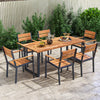 Outdoor patio dining set featuring two stackable chairs with acacia armrests, perfect for backyard gatherings.