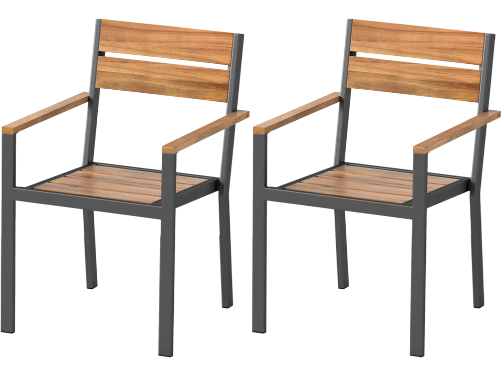 Set of two stackable patio dining chairs featuring acacia wood armrests and a durable metal frame for outdoor use.