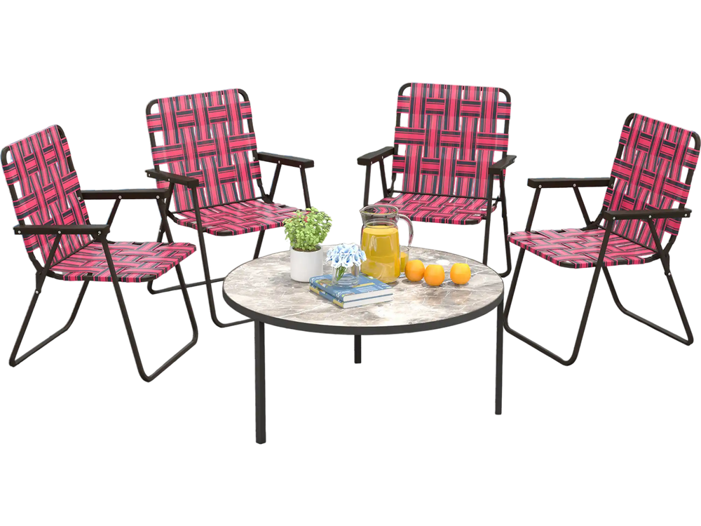 Four red folding beach chairs with a marble table, perfect for outdoor gatherings by the pool.