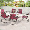 Set of 6 red folding beach chairs with a sturdy steel frame, perfect for camping or outdoor gatherings.