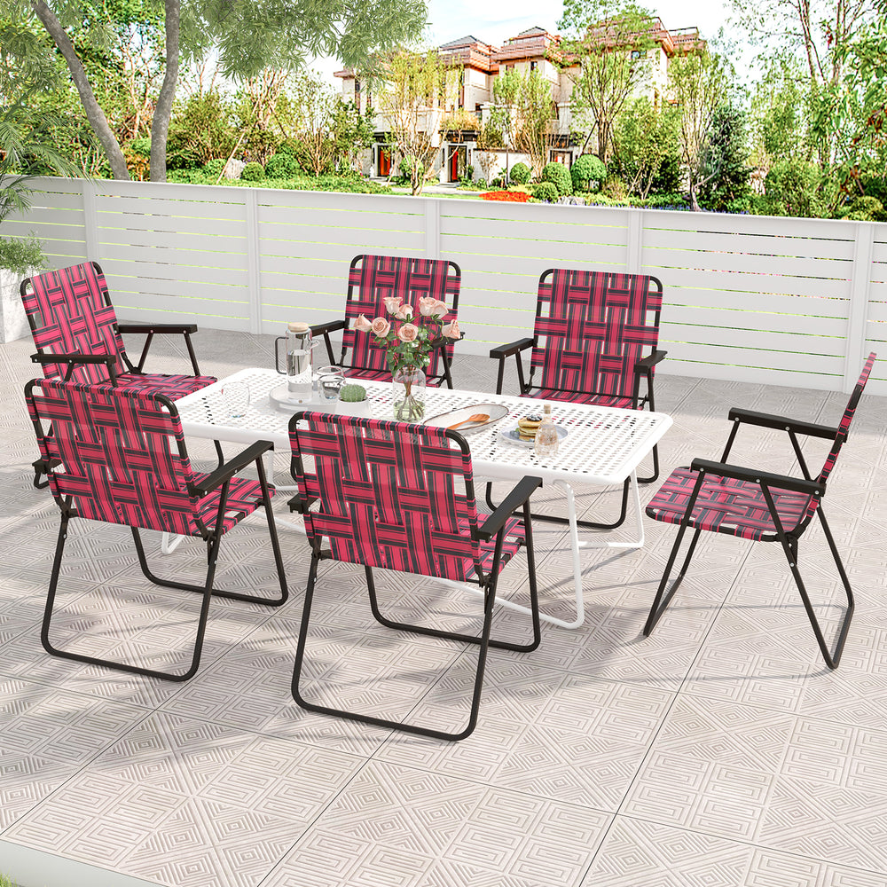 Set of 6 red folding beach chairs with a sturdy steel frame, perfect for camping or outdoor gatherings.