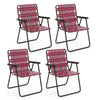 Four red folding beach chairs with a reinforced steel frame, perfect for camping and outdoor activities.