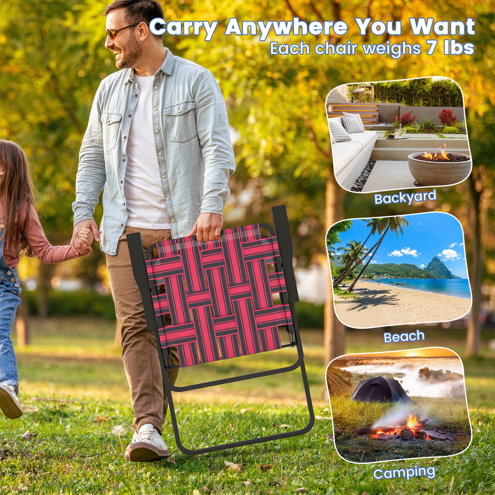 Red folding beach chair with a solid steel frame, portable design for easy transport, ideal for camping and outdoor use.