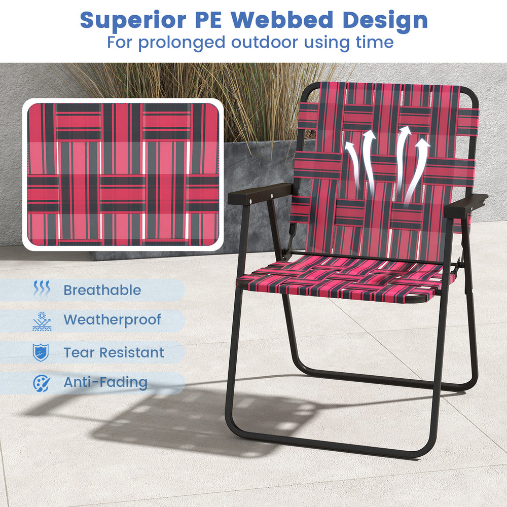 Red folding beach chair with breathable PE webbing, sturdy steel frame, ideal for camping and outdoor activities.
