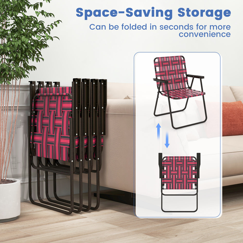 Folding beach chair in red webbing, featuring a sturdy steel frame, ideal for camping and outdoor activities.