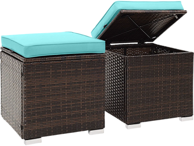 Costway 2-Pc Patio Rattan Ottoman Set w/ Hidden Storage 17592486 New