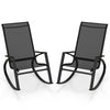 Two black patio rocking chairs with ergonomic backrests and breathable fabric, perfect for backyard relaxation.