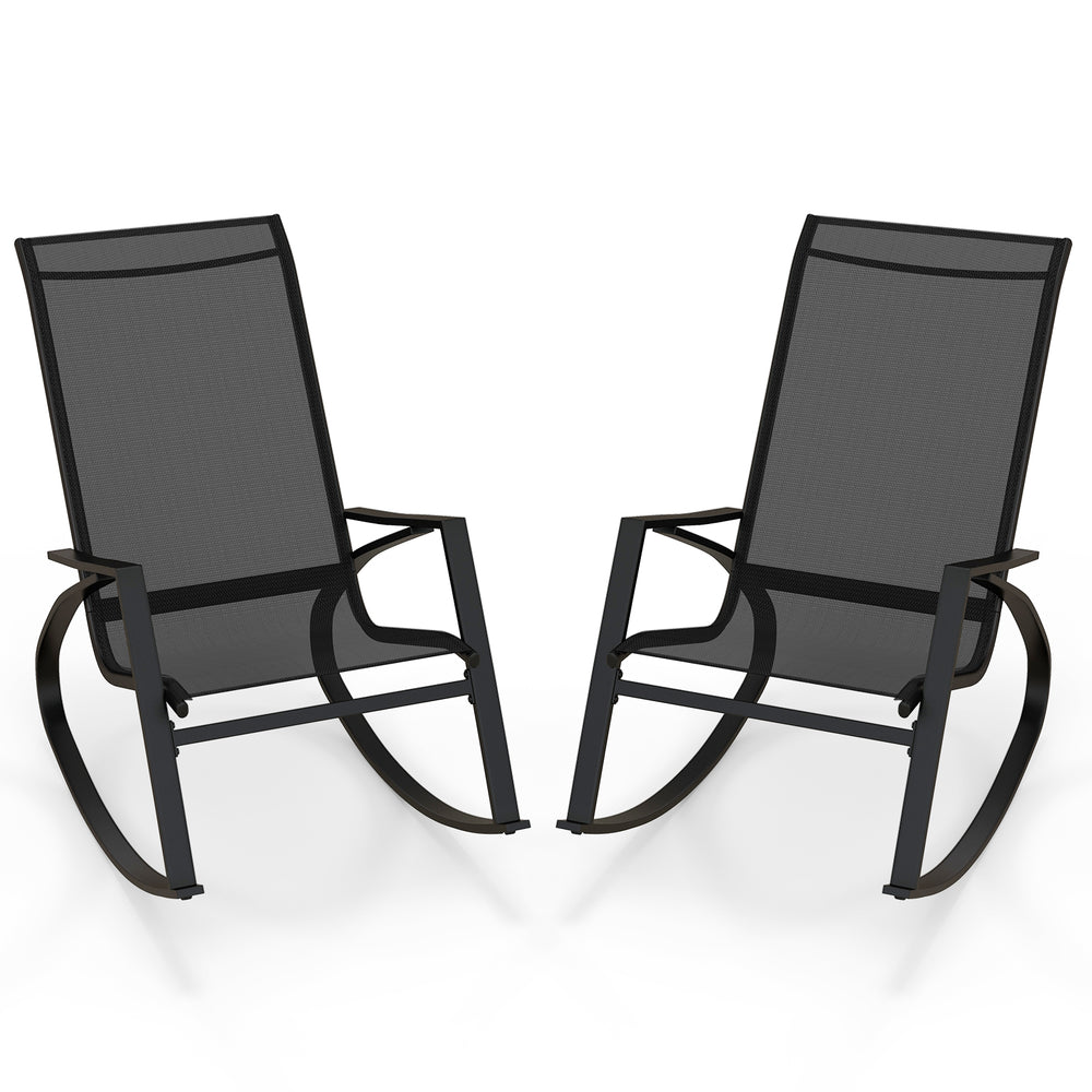Two black patio rocking chairs with ergonomic backrests and breathable fabric, perfect for backyard relaxation.