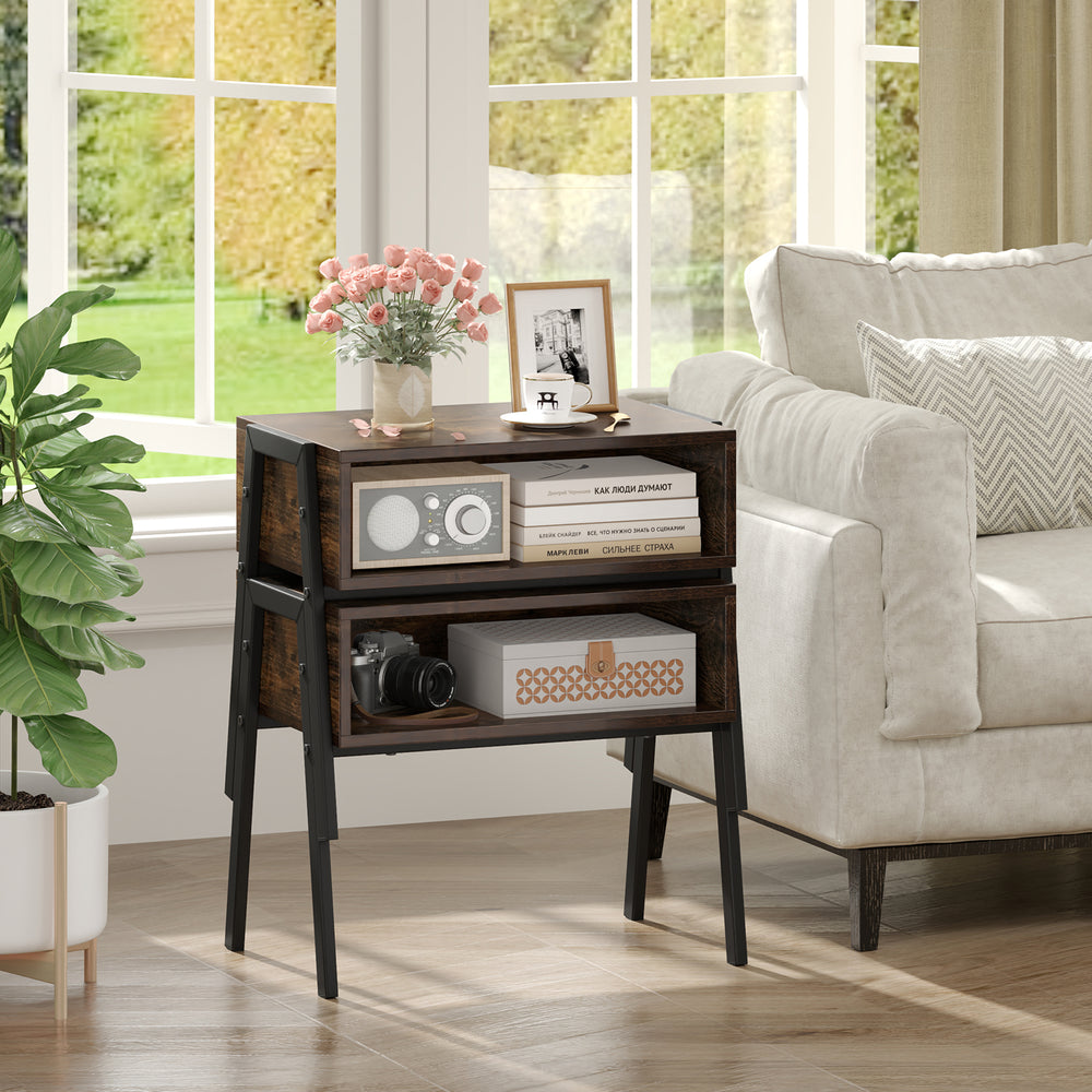 Stackable bedside table set featuring spacious storage, retro design, and sturdy steel frame for versatile home use.