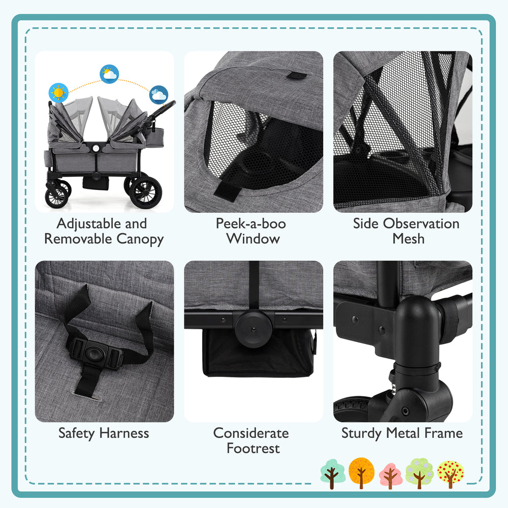 Collapsible 2-seater kids wagon stroller in gray with adjustable canopy, safety harness, and sturdy metal frame.