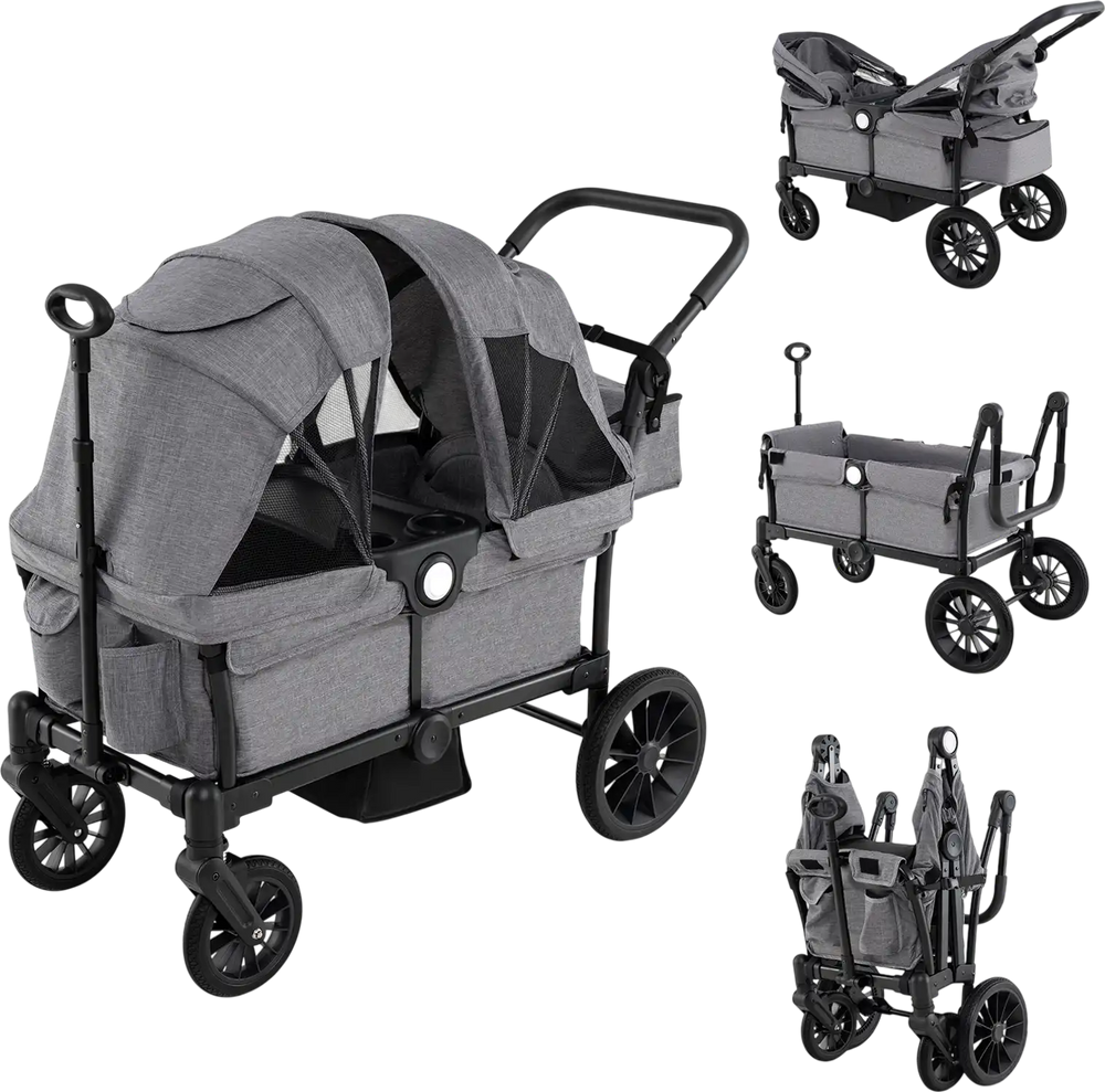 2-seater gray kids wagon stroller with adjustable handlebars, safety harness, and collapsible design for easy storage.