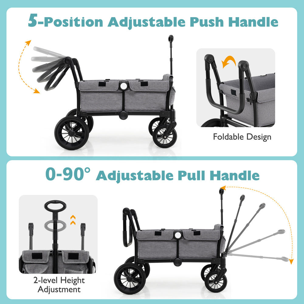 Adjustable 5-position push handle and 0-90° pull handle on a gray 2-seater collapsible kids wagon stroller.