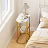 Narrow industrial oval side table with white MDF top and mesh shelf, perfect for bedside or small spaces.