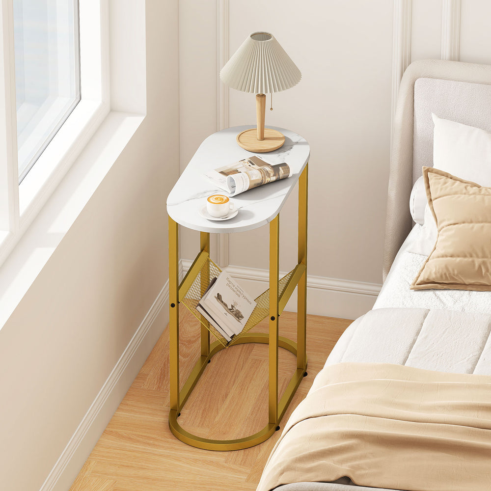 2-tier Industrial Oval Side Table with Mesh Shelf-White - Gallery View 1 of 10