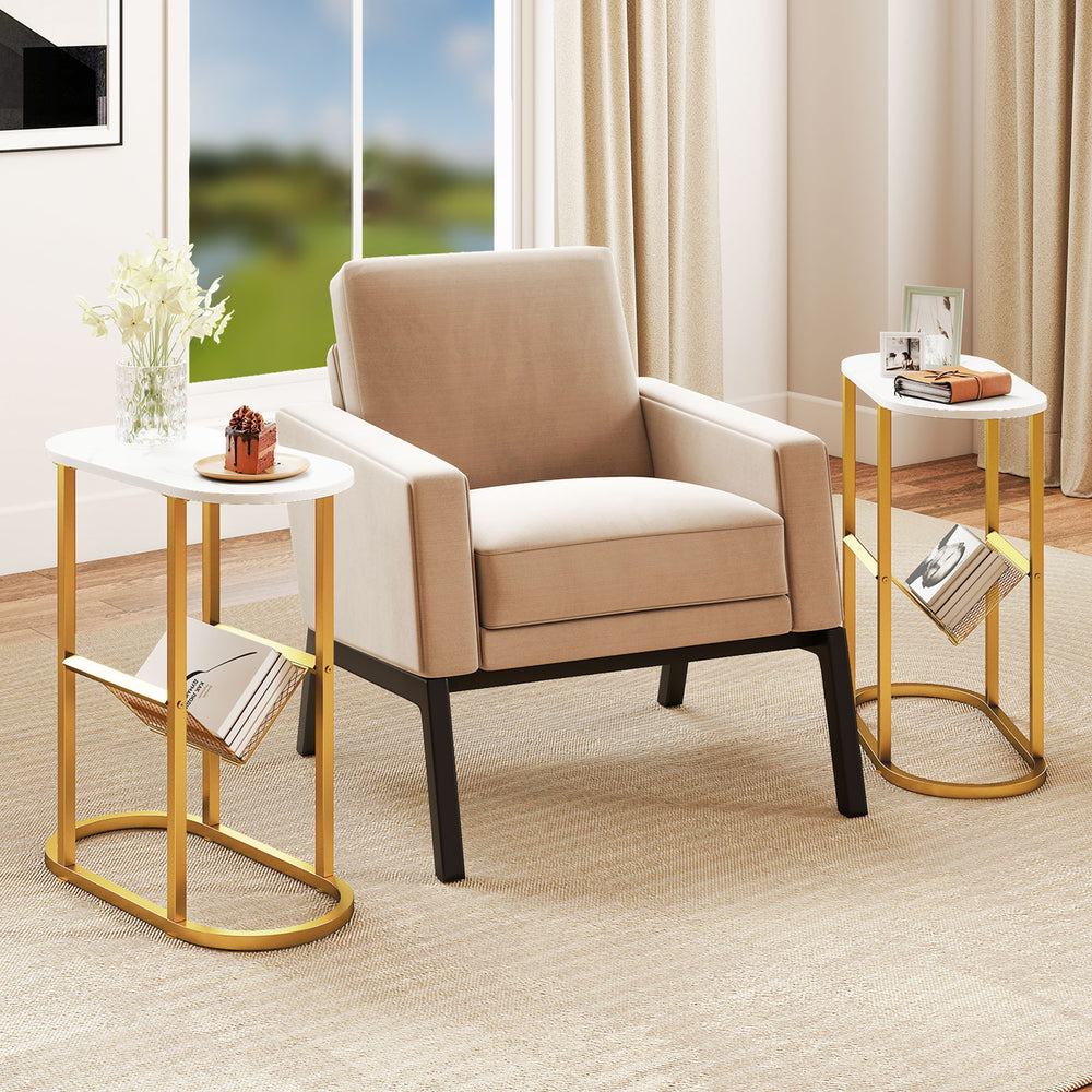 Narrow 2-tier industrial oval side table in white with mesh shelf, perfect for small spaces and versatile use.