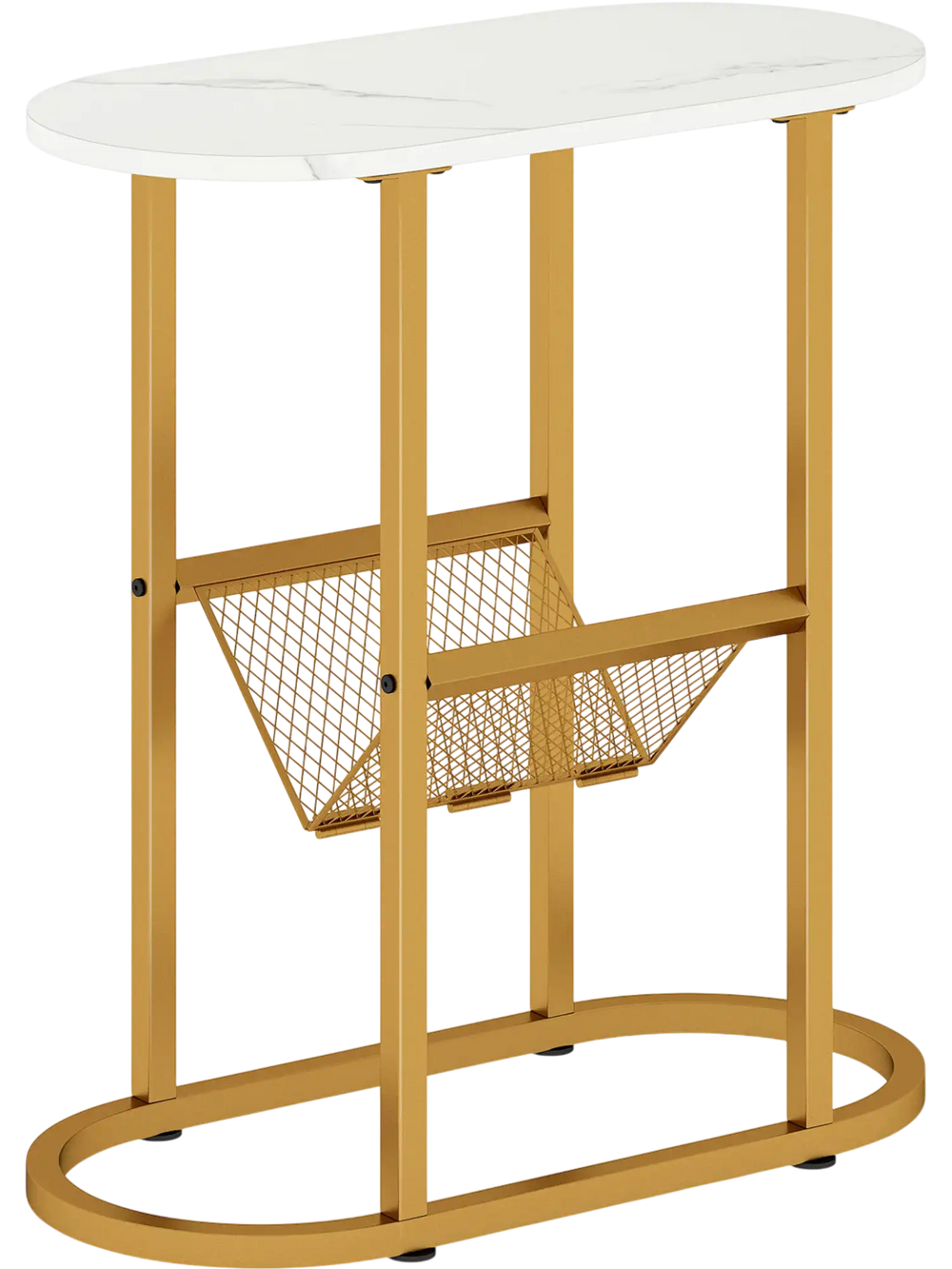 Narrow industrial oval side table with white MDF top and gold steel frame, featuring a mesh shelf for extra storage.