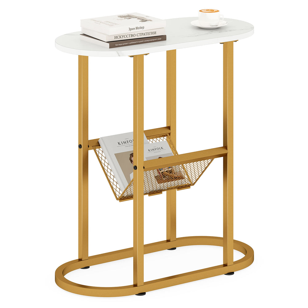 Narrow industrial oval side table with a gold steel frame and mesh shelf, ideal for snacks and magazines in tight.