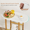 Narrow 2-tier industrial oval side table with rustic wood grain finish and mesh shelf, perfect for small spaces.