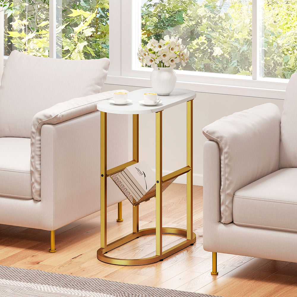 Narrow 2-tier industrial oval side table with white MDF top and gold steel frame, perfect for small spaces and extra.