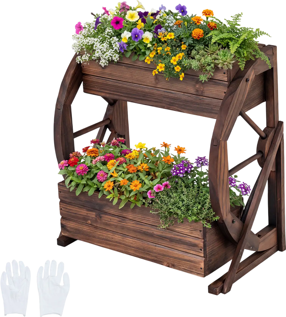 2-tier rustic wood wagon planter with vibrant flowers, featuring drainage holes and semi-wheels for decorative use.