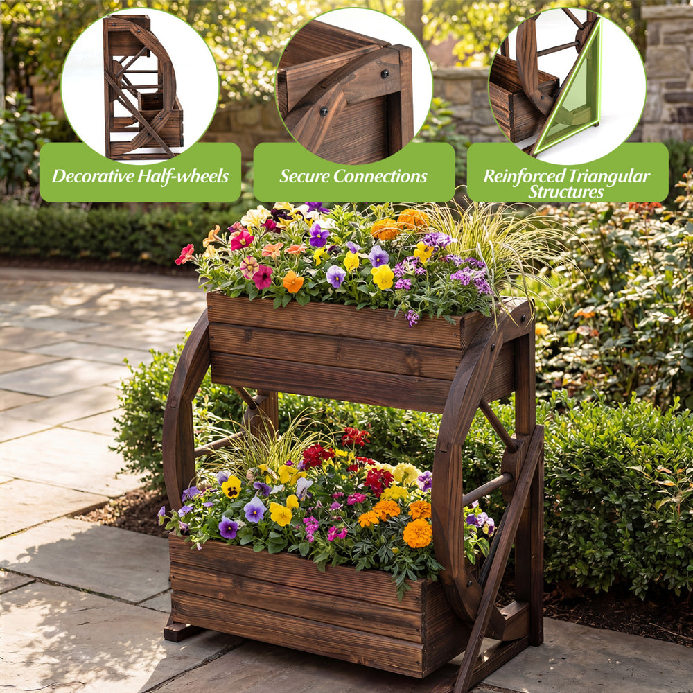 2-tier rustic wood wagon planter with vibrant flowers, featuring drainage holes and decorative semi-wheels for outdoor.
