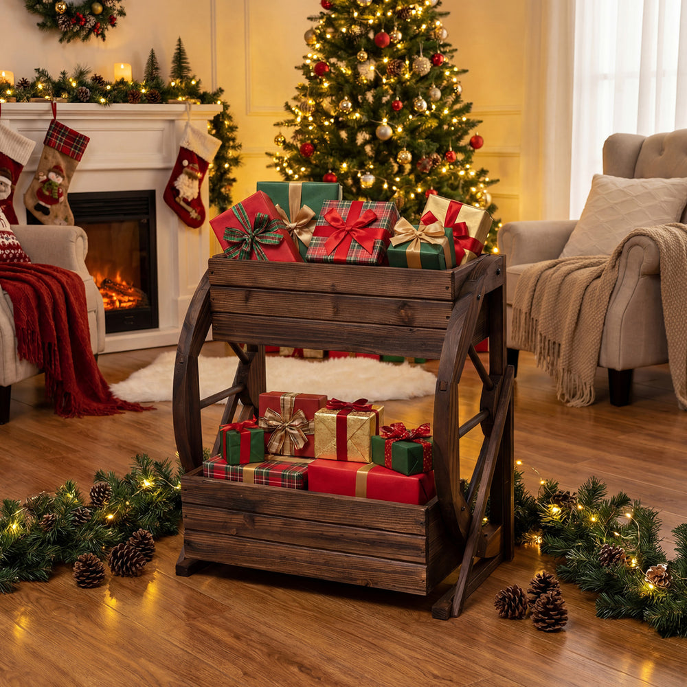 Rustic wood wagon planter with two tiers, showcasing seasonal decorations and gifts, perfect for indoor displays.