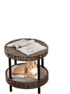 2-tier rattan cat nest with removable gray cushion, featuring elevated design for ventilation and sunbathing.