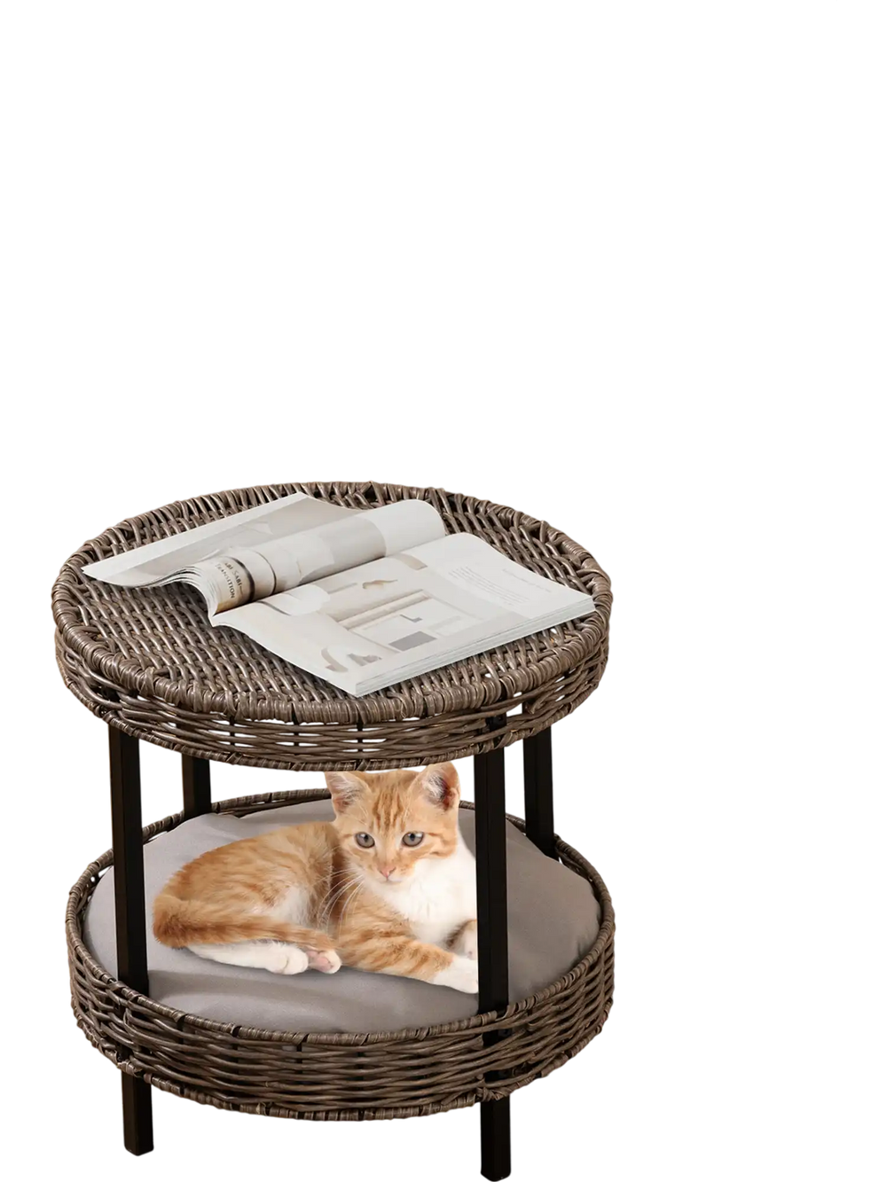 2-tier rattan cat nest with removable gray cushion, featuring elevated design for ventilation and sunbathing.