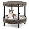 2-tier rattan cat nest with removable cushion in gray, featuring elevated design for comfort and observation.