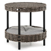 2-tier rattan cat nest in gray with removable padded cushion, elevated design for ventilation and sunbathing.