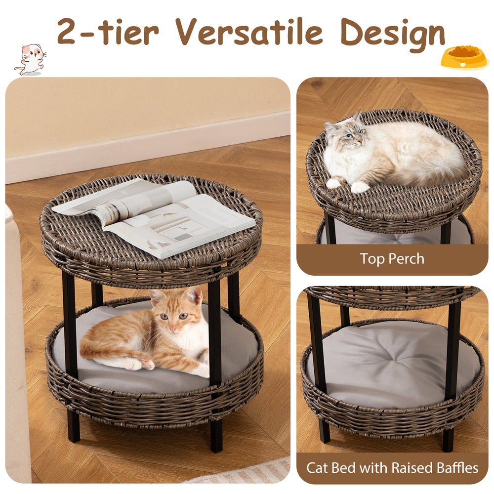 2-tier rattan cat nest with removable gray cushion, featuring a top perch and raised baffles for safety and comfort.