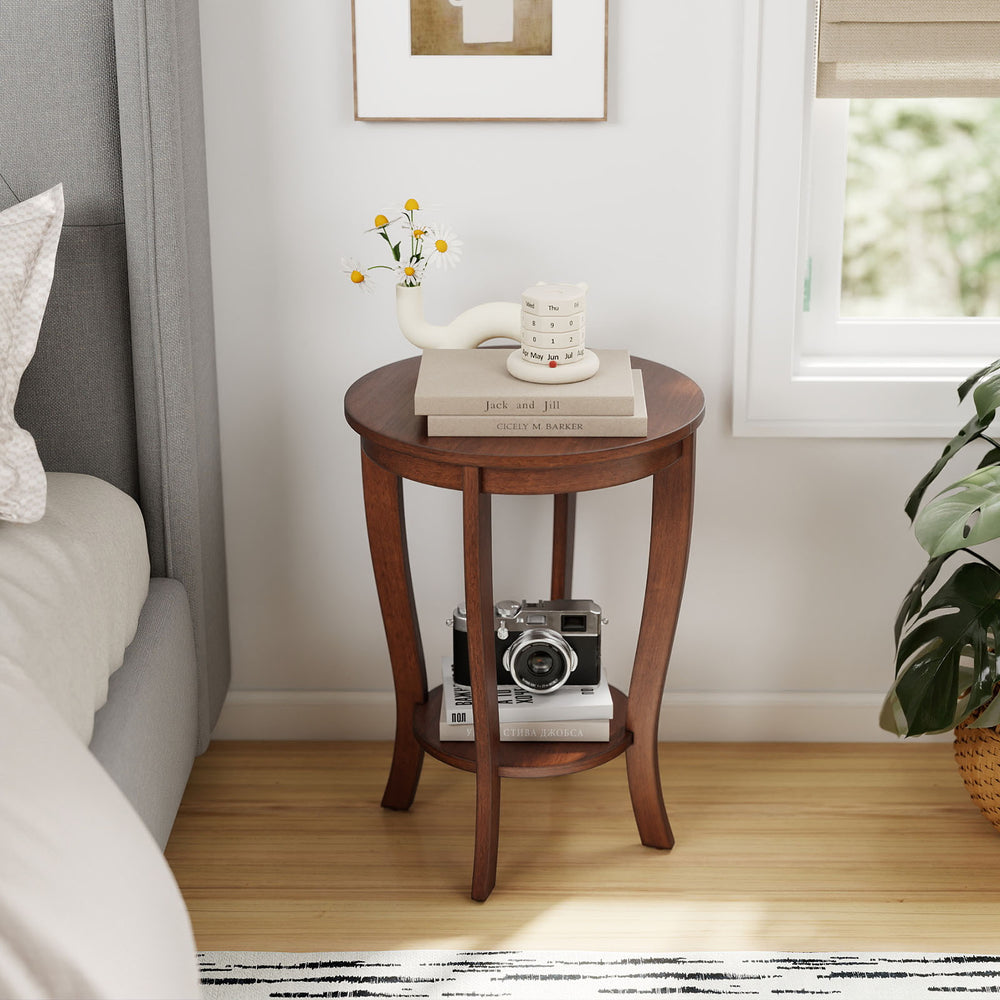 2-tier Round End Table with Solid Wood Legs-Brown - Gallery View 1 of 10