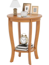 2-tier round end table with solid rubber wood legs in natural finish, perfect for living room or bedroom storage.
