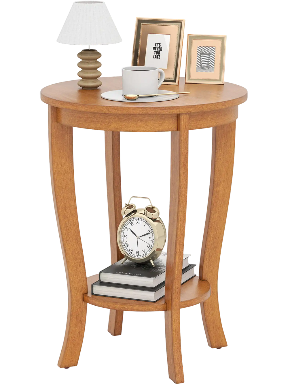 2-tier round end table with solid rubber wood legs in natural finish, perfect for living room or bedroom storage.
