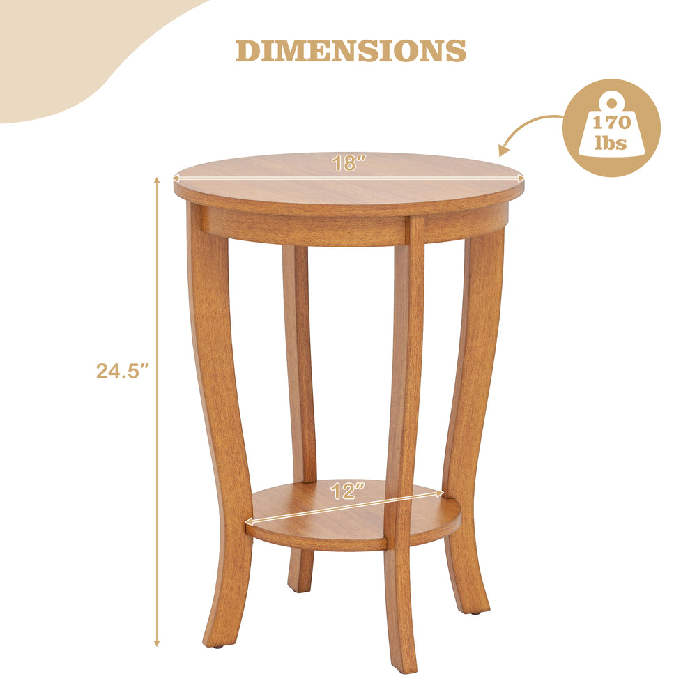 2-tier round end table with solid rubber wood legs, natural finish, compact design for living room or bedroom use.